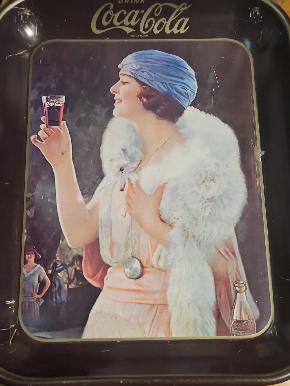 Coca-Cola Tray Featuring Woman in Blue Headscarf and White Fur